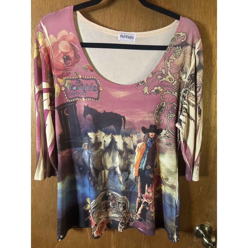 Fantazia ITY Western Cowgirl Horse Graphic Print Top 3/4 Sleeve Pink Large USA